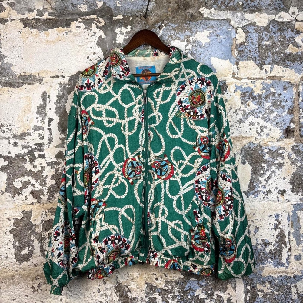 Hot Line Windbreaker Mens XL Green Good Nautical Rope Compass 90s Print